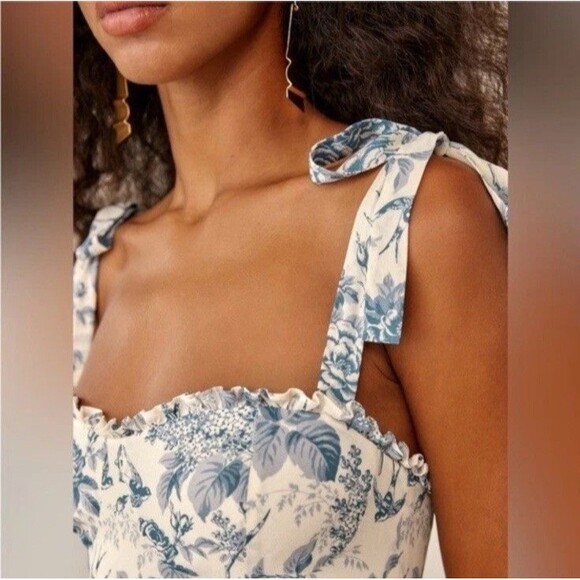 Reformation Alfred Floral Jumpsuit Pompadour Print Women’s Sz 6 Blue White NWT - Picture 3 of 16